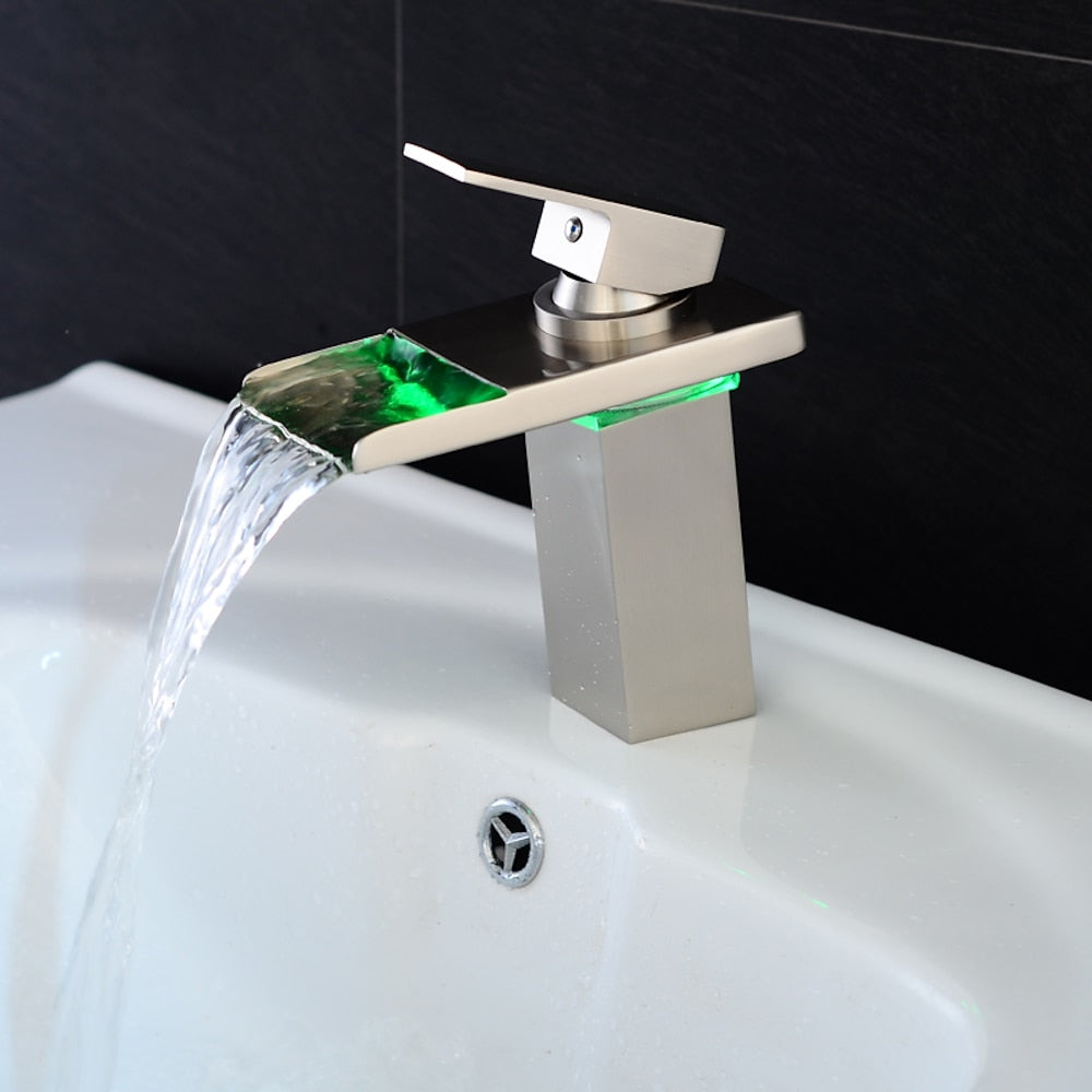 LED Waterfall Single-Hole Bathroom Faucet, Modern Single-Handle Brass Faucet, Chrome / Matte Black / Rose Gold / Polished Gold / Brushed Nickel / Brushed Gold / Matte White