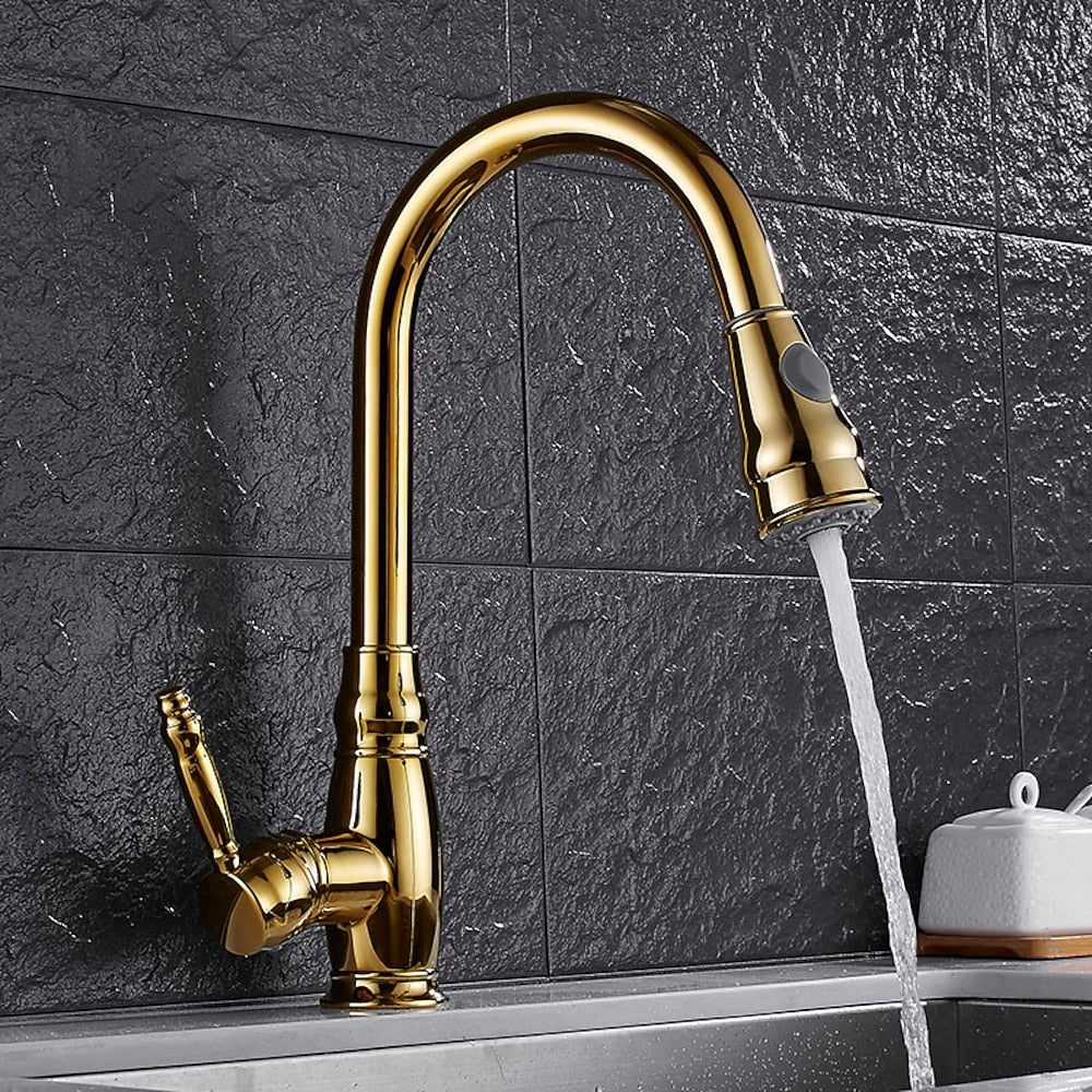 Polished Gold Single-Hole Pull-Down Kitchen Faucet, High Arc Swivel Brass Faucet