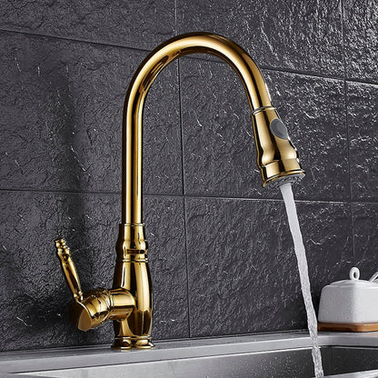 Polished Gold Single-Hole Pull-Down Kitchen Faucet, High Arc Swivel Brass Faucet