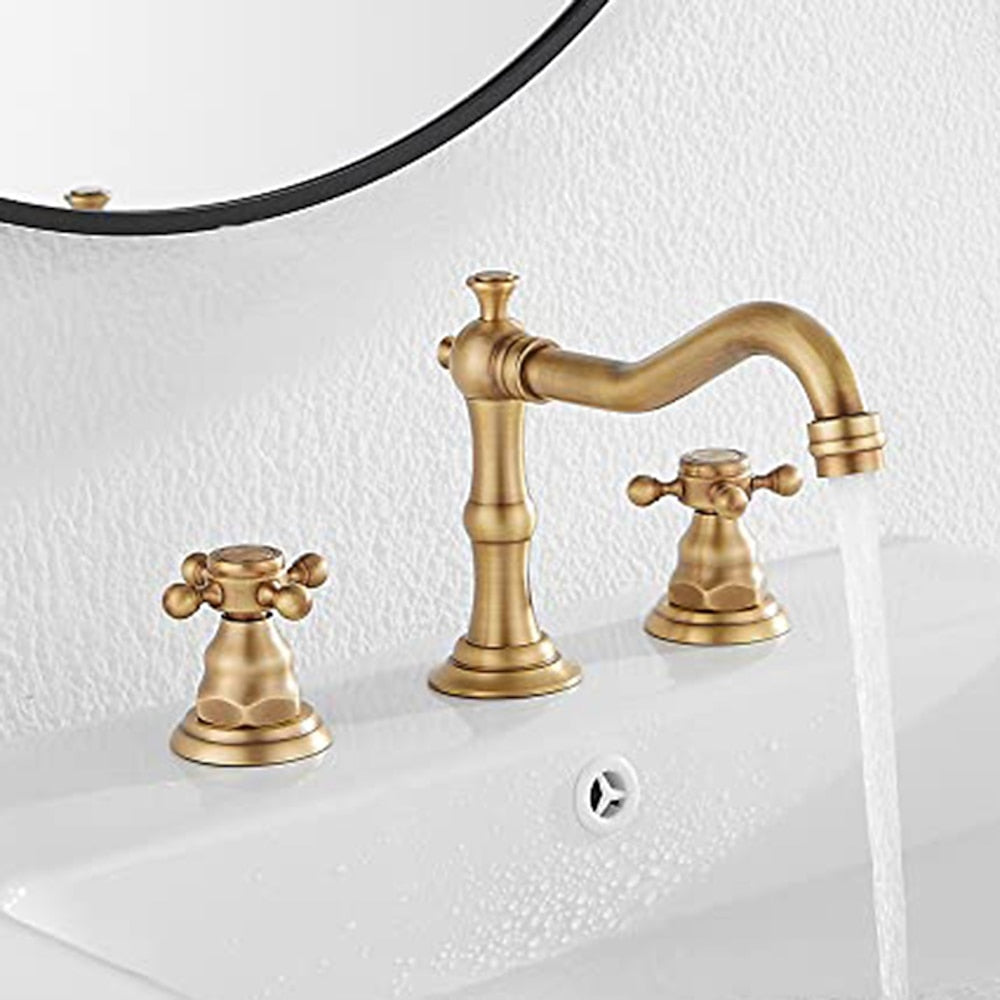 Traditional Brass Widespread Bathroom Faucet, Dual Cross Handle Vanity Faucet, Antique Brass / Brushed Nickel / Chrome / Oil-Rubbed Bronze / Matte Black