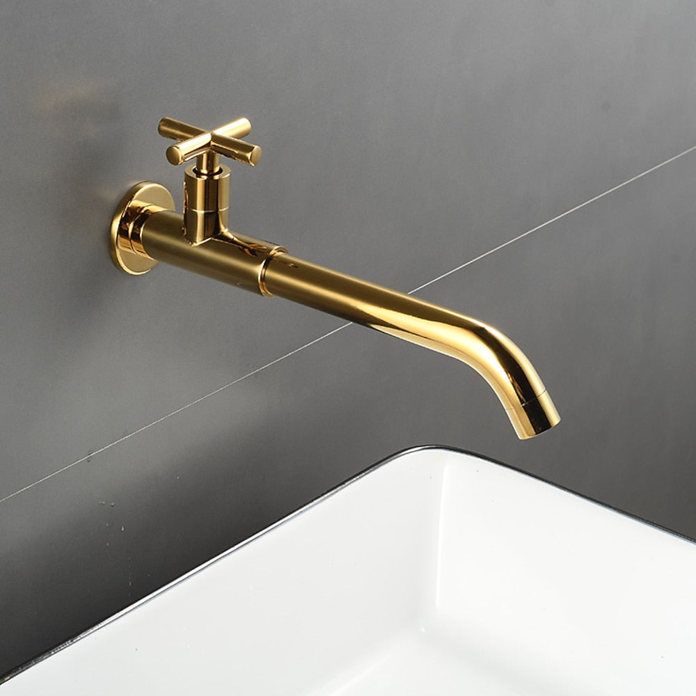 Wall-Mount Single-Hole Bathroom Faucet, Single Cross Handle Swivel Spout Faucet, Antique Brass / Matte Black / Chrome / Matte White / Polished Gold / Gunmetal