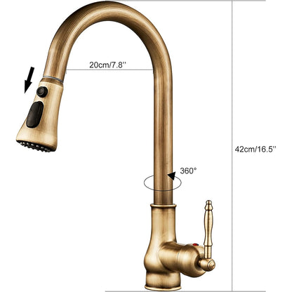 Antique Brass Retro Kitchen Faucet, Deck-Mount Single-Handle Pull-Out Faucet with Soap Dispenser / Pop-Up Drain