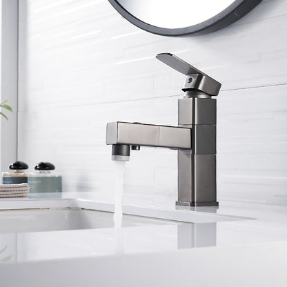 Modern Pull-Out Bathroom Faucet, Single-Hole Swivel Spout Faucet, Matte Black / Chrome / Brushed Nickel / Gunmetal / Matte White