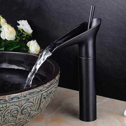 Waterfall Vessel Bathroom Faucet, Single-Handle Brass Faucet, Antique Brass / Matte Black / Chrome