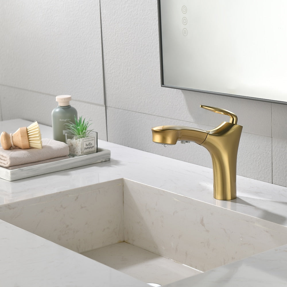 Pull-Out Single-Hole Bathroom Faucet, Single-Handle Brass Faucet, Brushed Gold / Matte Black / Matte White / Chrome / Gunmetal