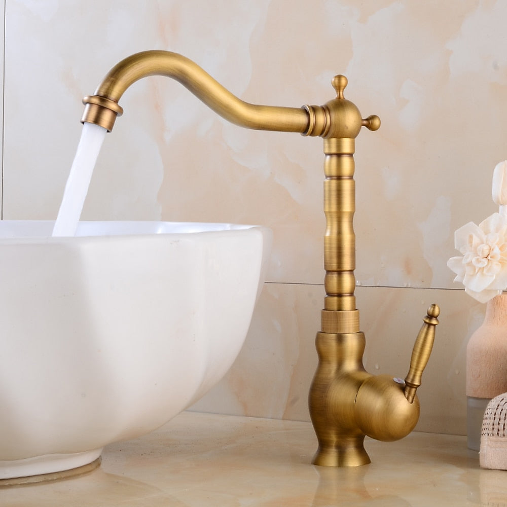 Retro Single-Hole Bathroom Vessel Sink Faucet, Single-Handle Brass Swivel Faucet, Antique Brass / Chrome / Polished Gold
