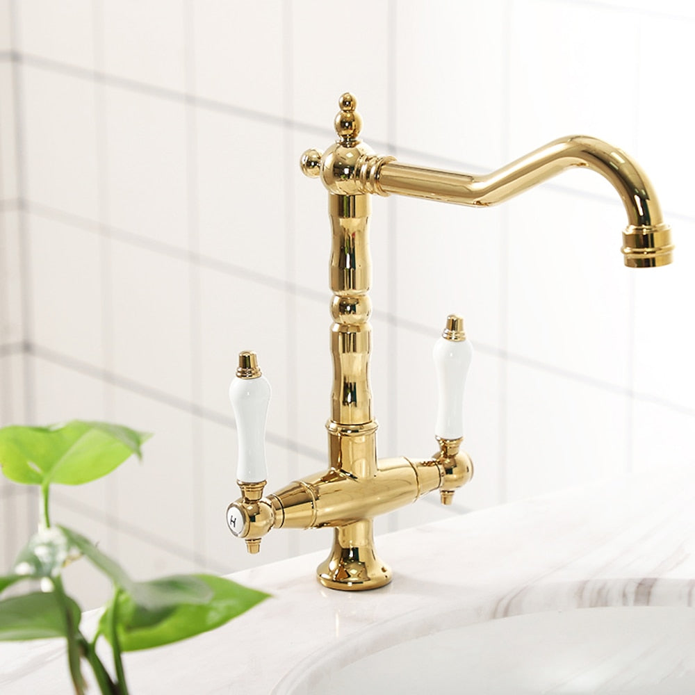 Antique Single-Hole Bathroom Faucet, Dual Ceramic Handle Swivel Spout Faucet, Antique Brass / Brushed Nickel / Chrome / Matte Black / Polished Gold