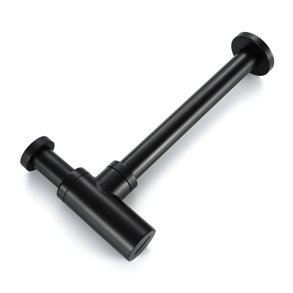 Contemporary Round Brass Bottle P-Trap, Bathroom Basin Sink Drain with Pop-Up Drain, Matte Black / Chrome
