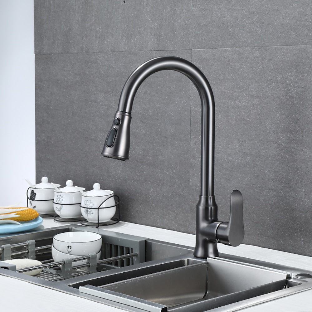 Modern Pull-Down Kitchen Faucet, Single-Handle High-Arc Brass Faucet, Chrome / Gunmetal / Matte Black