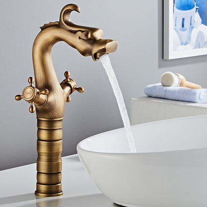 Vintage Dragon Vessel Sink Faucet, Single-Hole Double Cross Handle Brass Faucet