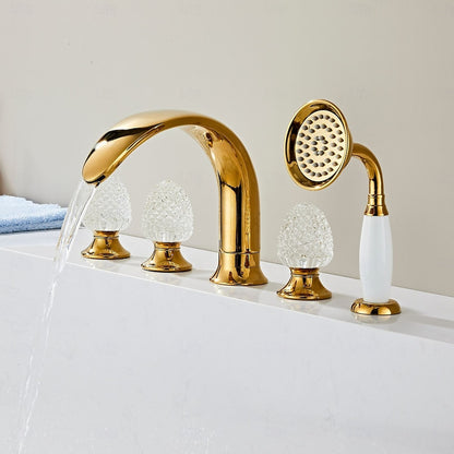 Polished Gold Vintage Deck-Mount Tub Filler Faucet, Roman Tub Faucet with Handheld Shower / Crystal Knob Handles
