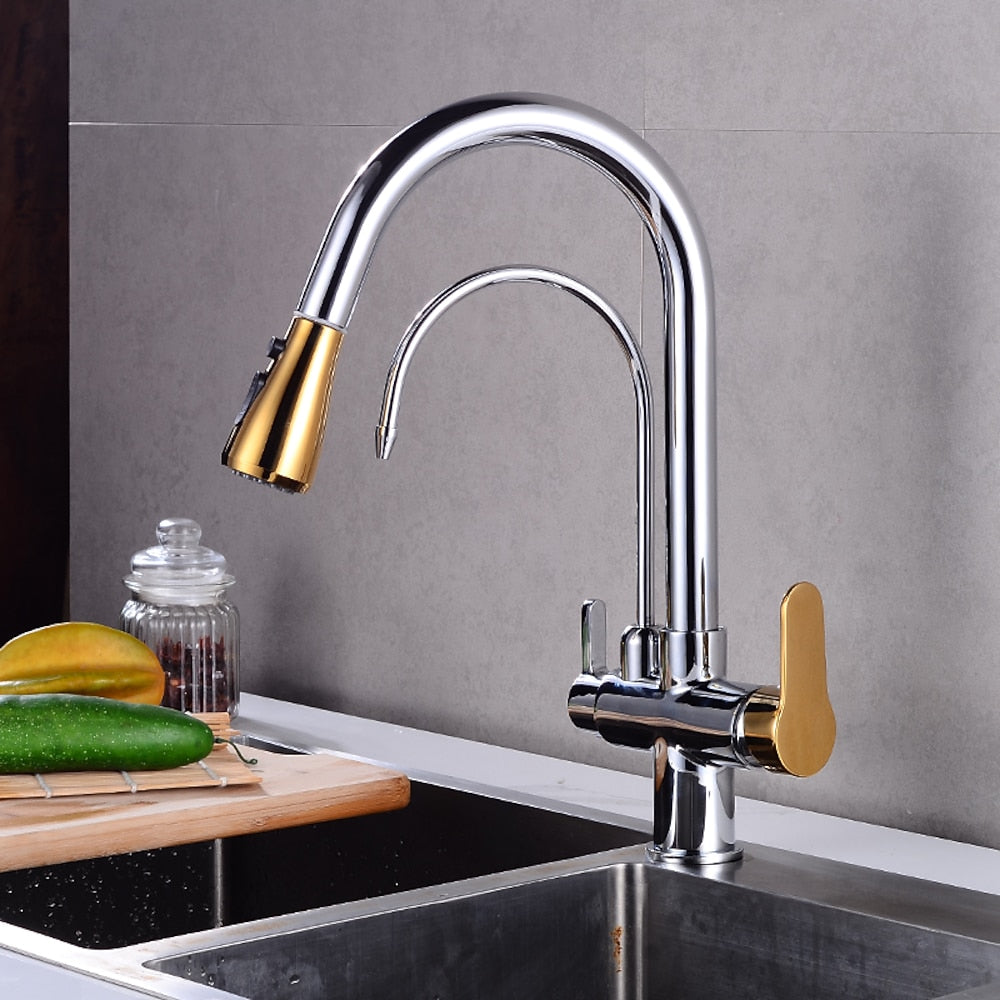 Modern 3-Way Pull-Down Kitchen Faucet, Dual-Handle Swivel Gooseneck Faucet, Gunmetal / Matte Black / Chrome / Matte White / Two-Tone / Antique Brass / Brushed Gold / Brushed Nickel