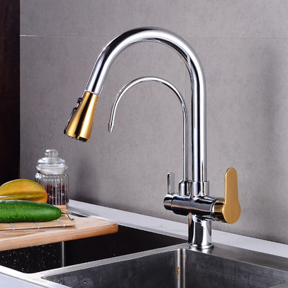 Modern 3-Way Pull-Down Kitchen Faucet, Dual-Handle Swivel Gooseneck Faucet, Gunmetal / Matte Black / Chrome / Matte White / Two-Tone / Antique Brass / Brushed Gold / Brushed Nickel