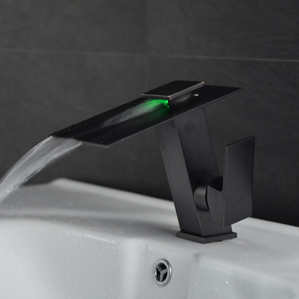 LED Waterfall Bathroom Faucet, Single-Hole Single-Handle Brass Faucet, Brushed Nickel / Chrome / Oil-Rubbed Bronze