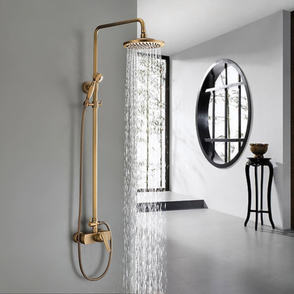 Traditional Antique Brass Wall-Mount Shower System, Single-Handle Rainfall Shower Head / Handheld Brass Sprayer
