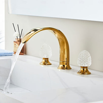 Polished Gold Widespread Bathroom Faucet with Crystal Knob Handles, Dual-Handle 360-Degree Swivel Spout Faucet