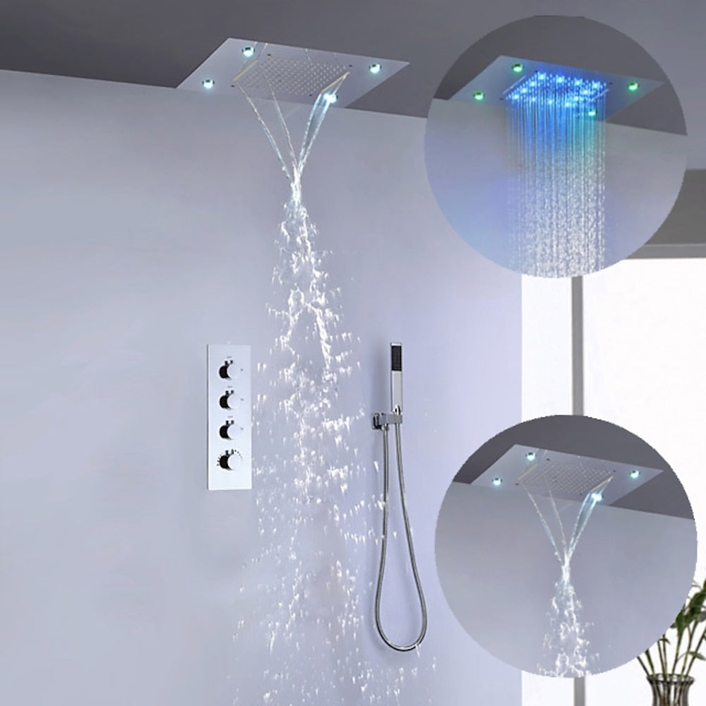 LED Waterfall Rainfall Complete Shower System, Ceiling-Mounted Chrome Shower Faucet with Handheld Shower