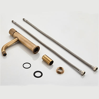 Antique Brass Single-Hole Bathroom Faucet, Knurled Single Knob Basin Faucet with Water Inlet Hoses