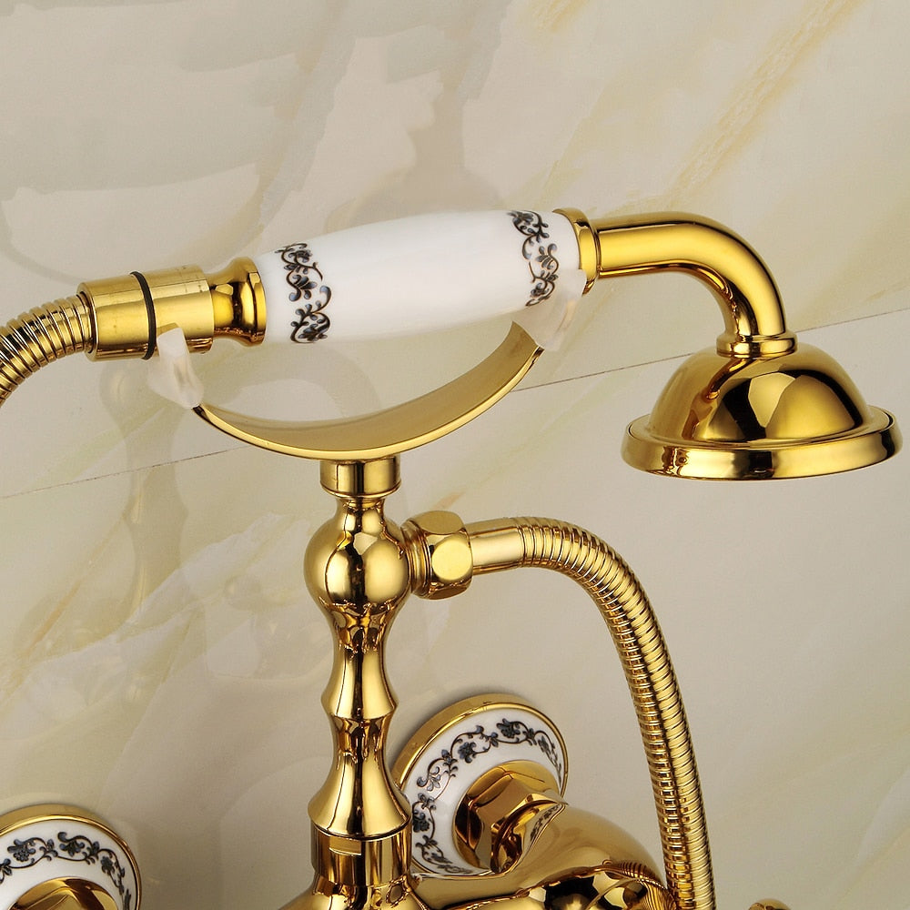 Polished Gold Wall-Mount Tub Filler Faucet, Telephone Dual-Handle Bathtub Faucet with Handheld Shower