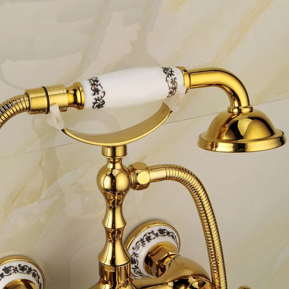 Polished Gold Wall-Mount Tub Filler Faucet, Telephone Dual-Handle Bathtub Faucet with Handheld Shower