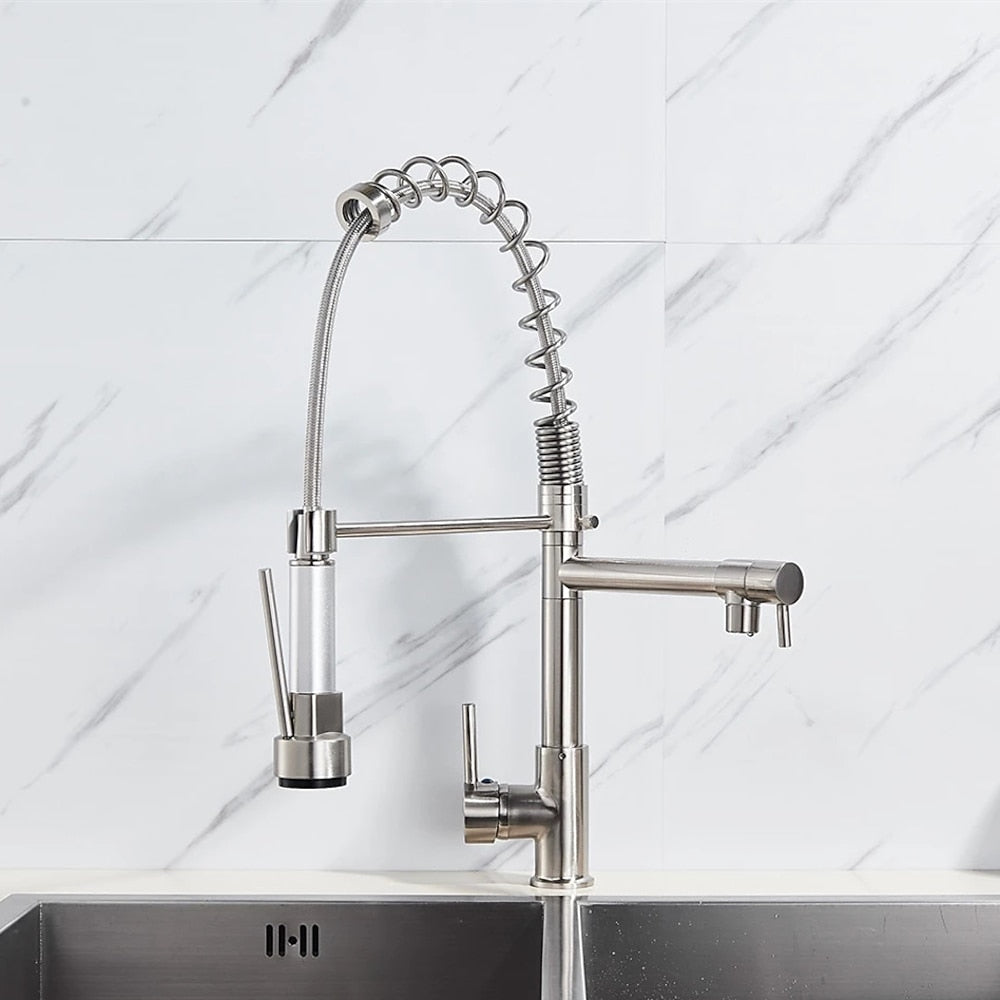 Chrome Brass Pre-Rinse Kitchen Faucet, Single-Handle Pull-Down Faucet, 360-Degree Swivel Pot Filler Faucet