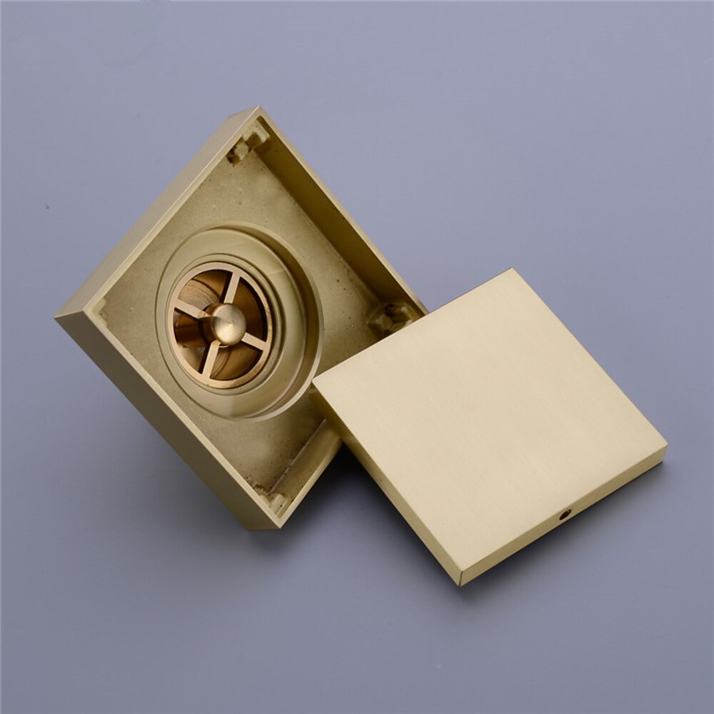 Reversible Tile-Insert Square Brass Shower Floor Drain, Shower Floor Drain with Hair Catcher Strainer, Chrome / Polished Gold / Brushed Gold / Matte Black