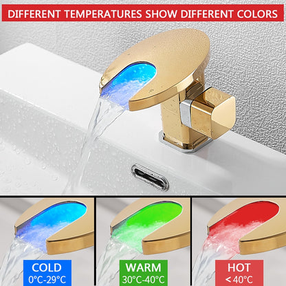 LED Waterfall Bathroom Faucet, Single-Handle Deck-Mount Faucet, Matte Black / Chrome / Polished Gold / Matte White