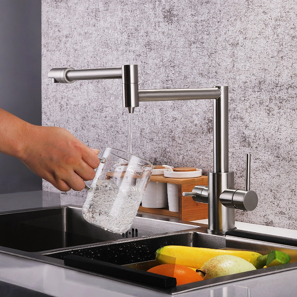 Foldable Dual-Joint Pot Filler Kitchen Faucet, Deck-Mount Single-Hole Two-Handle Faucet, Matte Black / Brushed Nickel