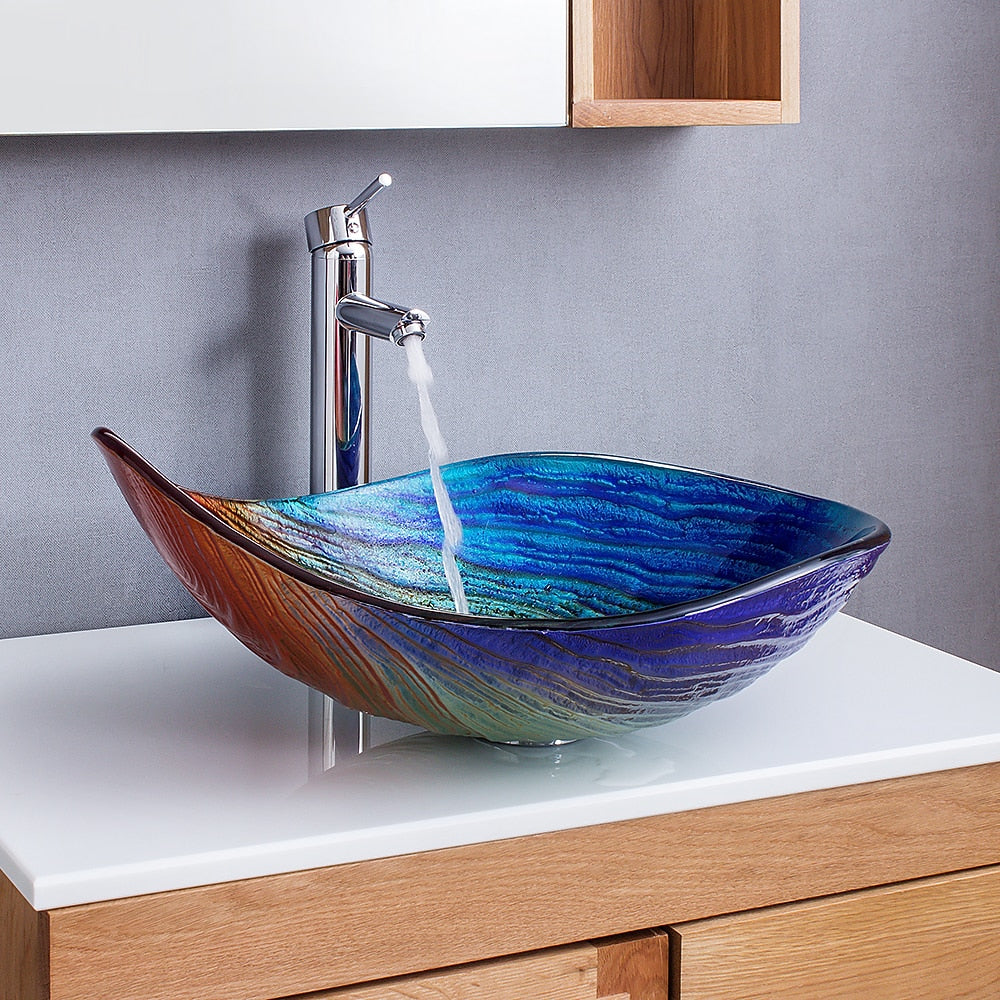 Modern Boat-Shape Tempered Glass Vessel Sink Faucet Combo, Vessel Sink Faucet Combo with Pop-Up Drain, Multi- / Gold / Bronze / Copper / Silver