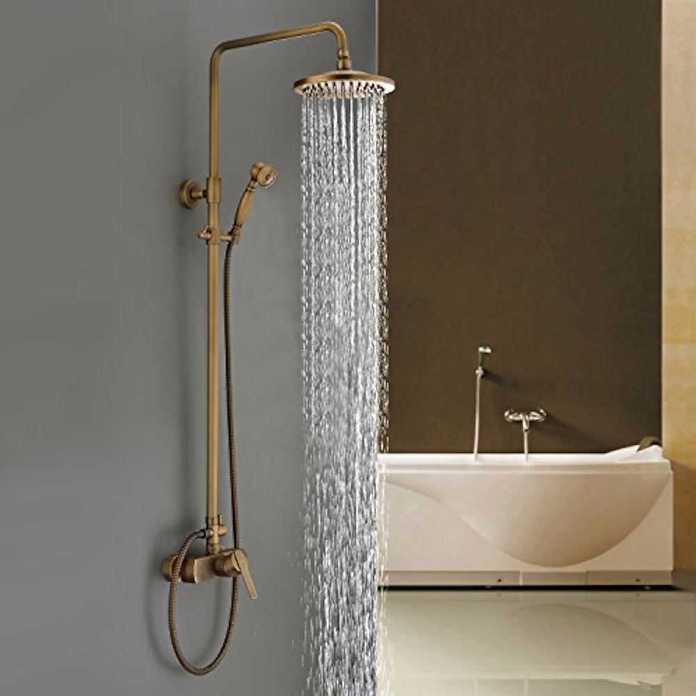 Traditional Antique Brass Wall-Mount Shower System, Single-Handle Rainfall Shower Head / Handheld Brass Sprayer