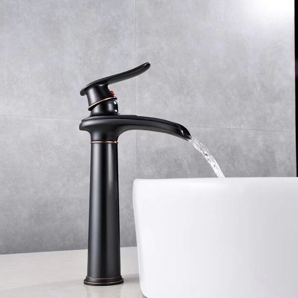 Waterfall Single-Hole Bathroom Faucet, Single-Handle Brass Faucet, Chrome / Matte Black / Brushed Nickel / Antique Brass / PVD