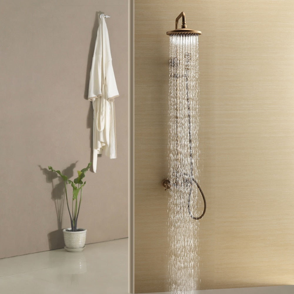 Antique Brass Vintage Exposed Shower Faucet, Wall-Mount Complete Shower System with Handheld Shower / 8-Inch Rain Shower Head