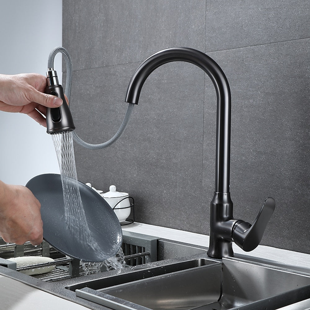 Modern Pull-Down Kitchen Faucet, Single-Handle High-Arc Brass Faucet, Chrome / Gunmetal / Matte Black