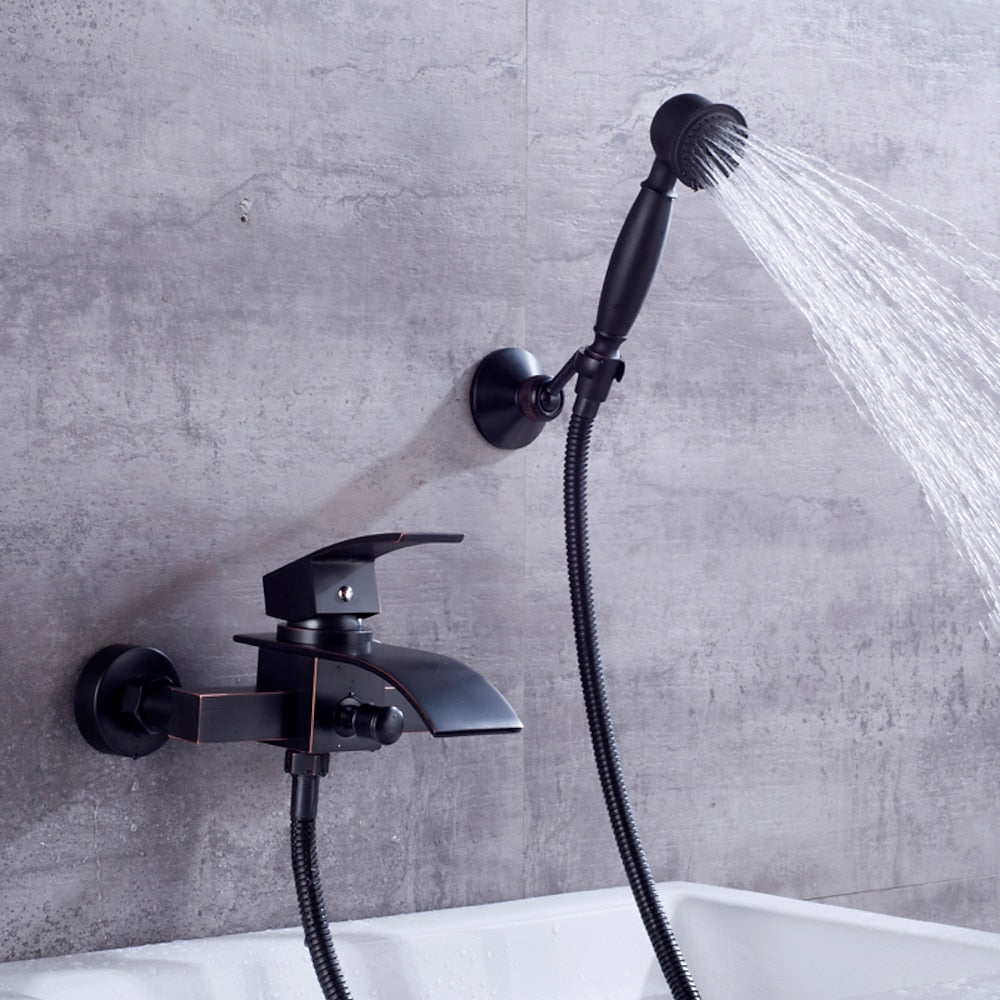 Waterfall Modern Wall-Mount Bathtub Faucet, Single-Handle Tub Filler Faucet with Handheld Shower, Oil-Rubbed Bronze / Chrome
