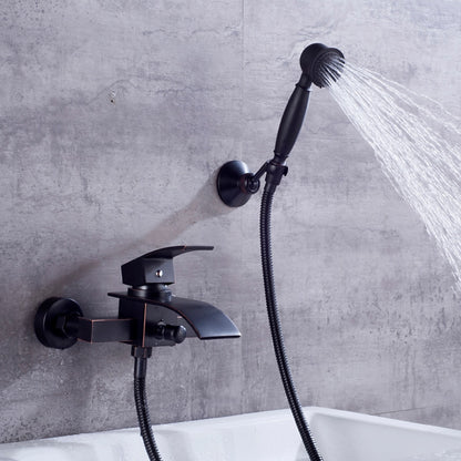 Waterfall Modern Wall-Mount Bathtub Faucet, Single-Handle Tub Filler Faucet with Handheld Shower, Oil-Rubbed Bronze / Chrome