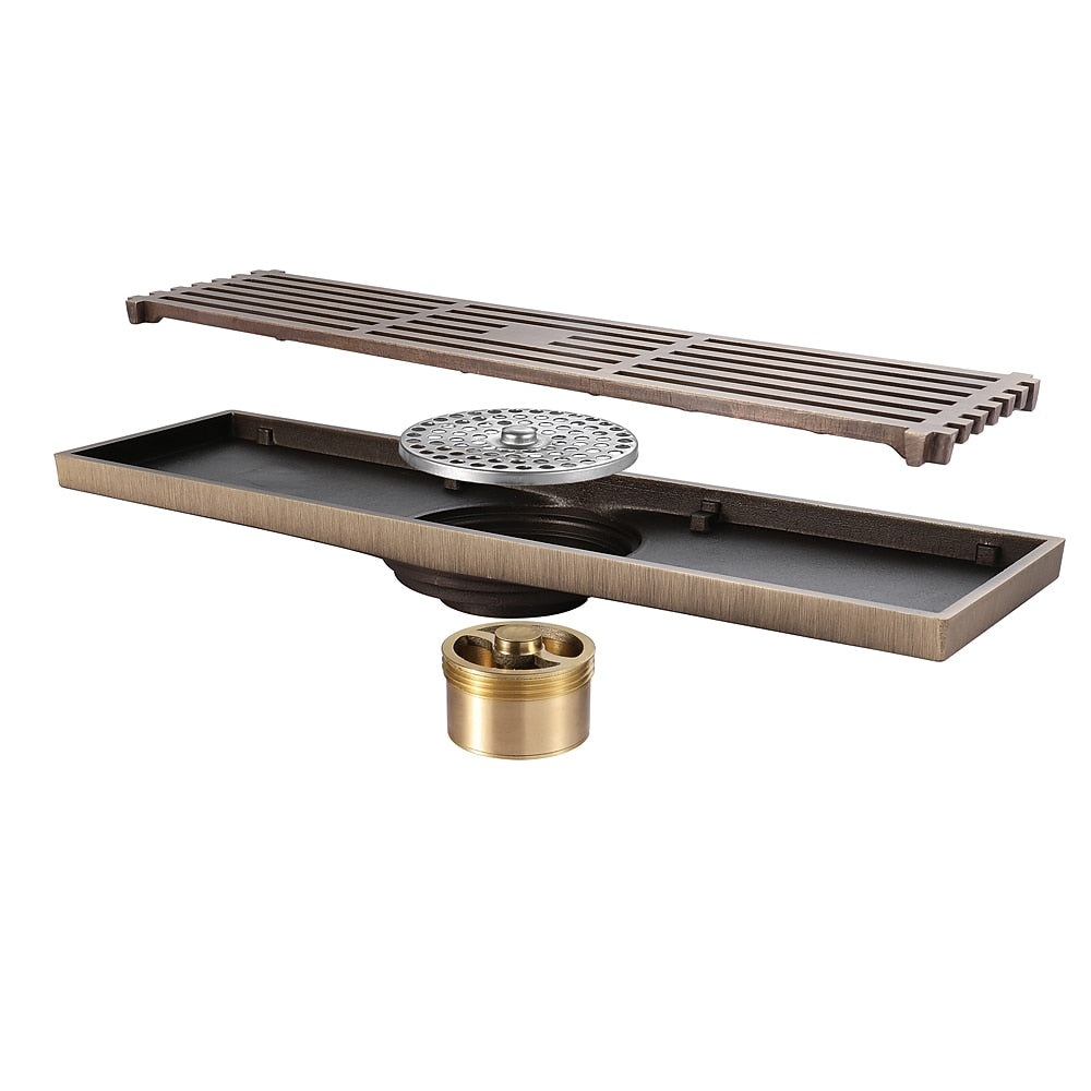 Brushed Bronze Brass Linear Shower Drain, Deodorizing Rectangular Floor Drain with Hair Strainer