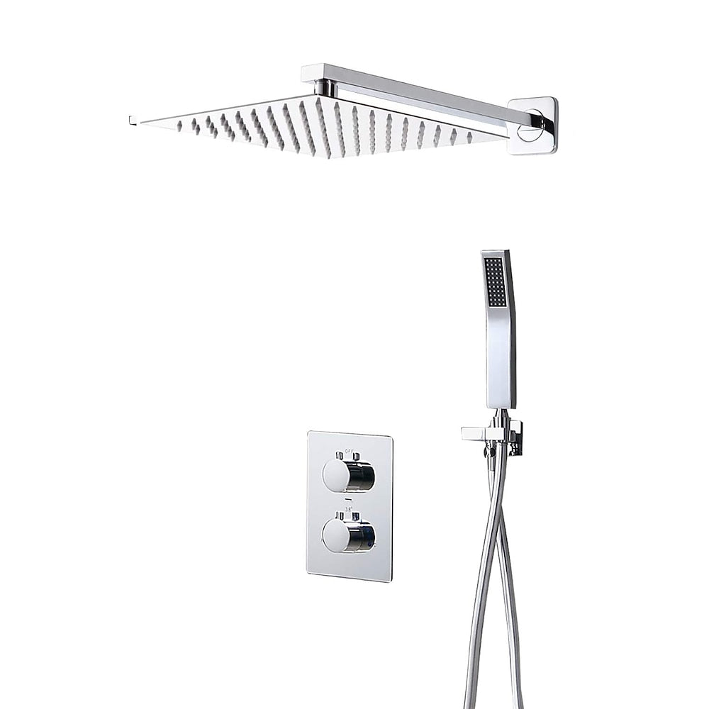 Chrome Wall-Mount Shower System, Thermostatic Dual-Handle Shower Faucet with Handheld Shower