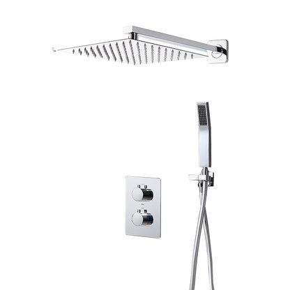 Chrome Wall-Mount Shower System, Thermostatic Dual-Handle Shower Faucet with Handheld Shower
