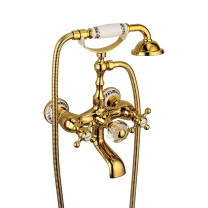 Polished Gold Wall-Mount Tub Filler Faucet, Telephone Dual-Handle Bathtub Faucet with Handheld Shower