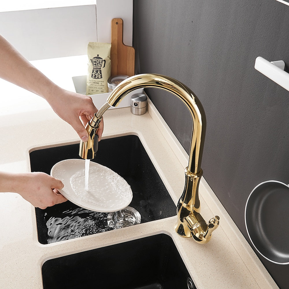 Pull-Down High Arc Kitchen Faucet, Single-Handle Brass Faucet, Brushed Nickel / Polished Gold / Chrome