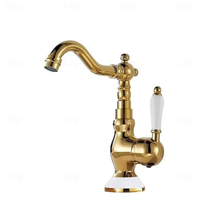 Traditional Ceramic Lever Handle Bathroom Faucet, Single-Hole Deck Mount High Arc Spout Faucet, Antique Brass / Chrome / Gunmetal / Matte White / Polished Gold