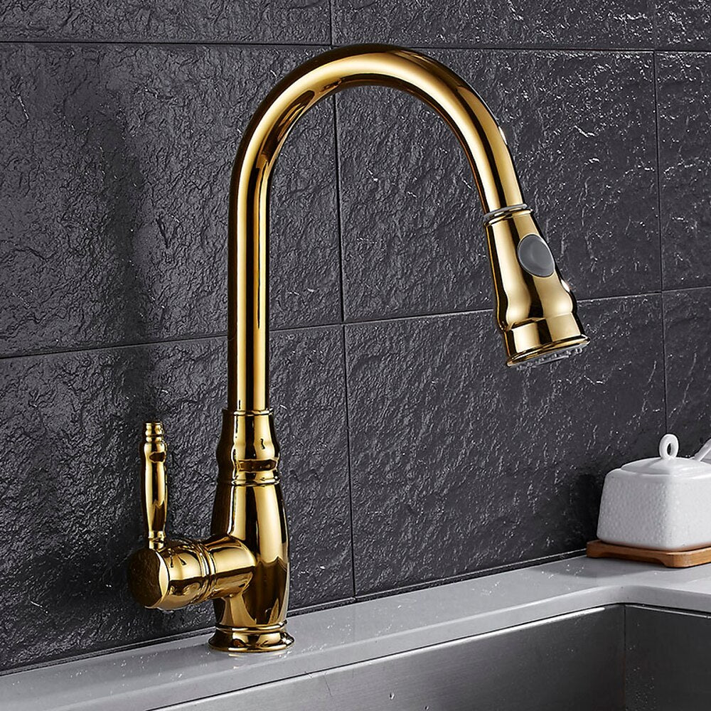 Polished Gold Single-Hole Pull-Down Kitchen Faucet, High Arc Swivel Brass Faucet