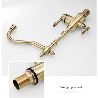 Traditional Brass 3-Way Purified Water Kitchen Faucet, Dual-Handle Swivel Spout Faucet, Antique Brass / Chrome / Matte Black / Polished Gold