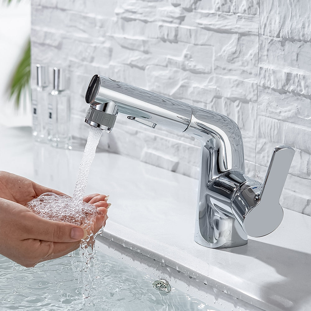 Modern Pull-Out Bathroom Sink Faucet, Single-Handle Swivel Spout Faucet, Brushed Gold / Chrome / Matte Black / Gunmetal