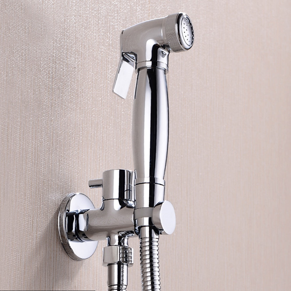 Chrome Contemporary Wall-Mount Handheld Bidet Sprayer, Single-Handle Brass Faucet with Hose