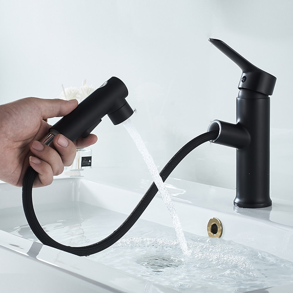 Modern Pull-Out Bathroom Faucet, Single-Handle Fountain Spout Faucet, Matte Black / Chrome