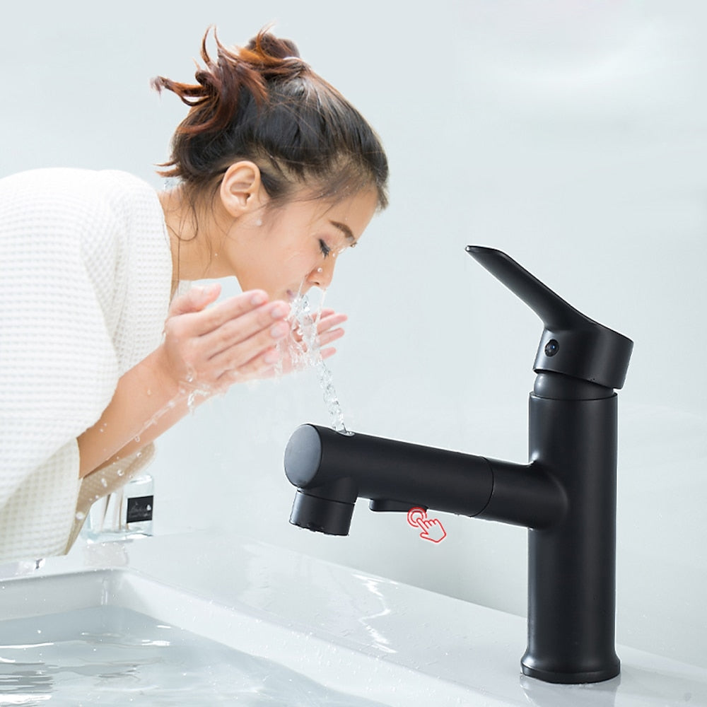 Modern Pull-Out Bathroom Faucet, Single-Handle Fountain Spout Faucet, Matte Black / Chrome