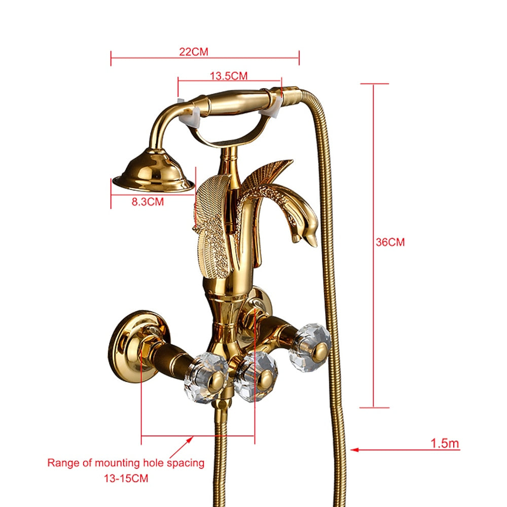 Swan Spout Wall-Mount Bathtub Faucet, Dual-Handle Tub Filler with Handheld Shower, Antique Brass / Matte Black / Chrome / Polished Gold