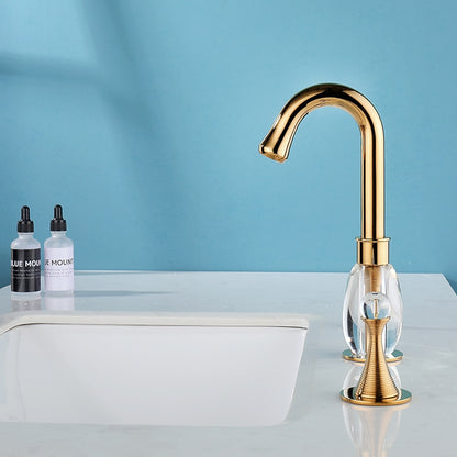 Polished Gold Modern Widespread Bathroom Faucet, High Arc Dual Crystal Knob Faucet