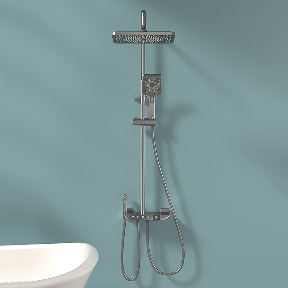 Digital Display Waterfall Rainfall Brass Shower Faucet Set, Wall-Mounted Complete Tub & Shower System, Matte Black / Matte White / Gunmetal